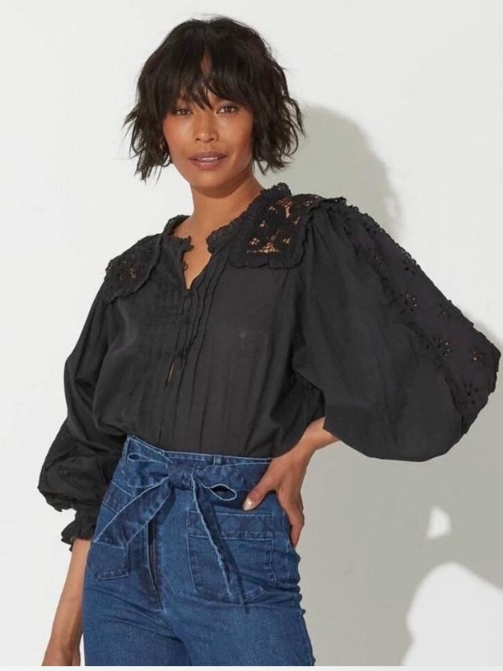 Cleobella ‘Claudia’ Blouse Black Lace-Detail Balloon Sleeve Women's Top Size M